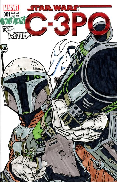 DF MARVEL COMICS STAR WARS COMMISSIONED COVER ART SIGNED AND REMARKED BY MARIANO NICIEZA AND JOE DELBEATO WITH A MANDALORIAN SKETCH